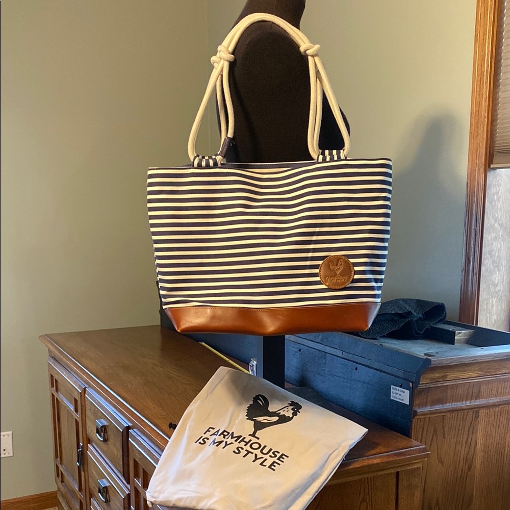Blue and Brown Nautical Tote Bag with Leather Accents